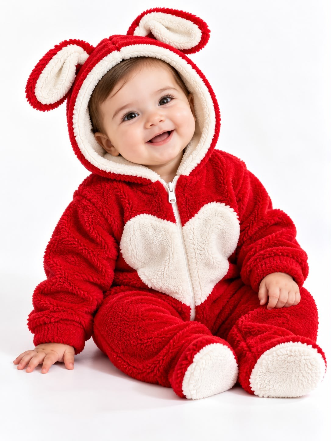 2142 -Kapüşonlu Peluş Kumaş Kız Bebek Tulumu - kırmızı
