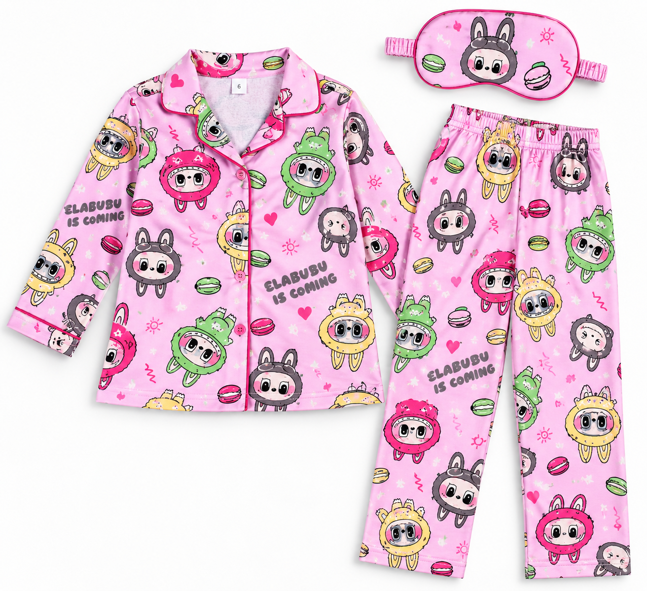 2144 - Kız Çocuk Pamuklu Göz Bantlı Pijama Takımı - Pembe