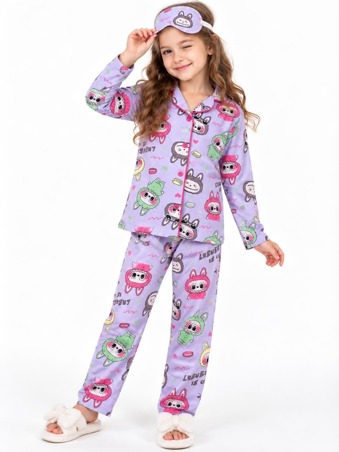 2144 - Kız Çocuk Pamuklu Göz Bantlı Pijama Takımı - Lila
