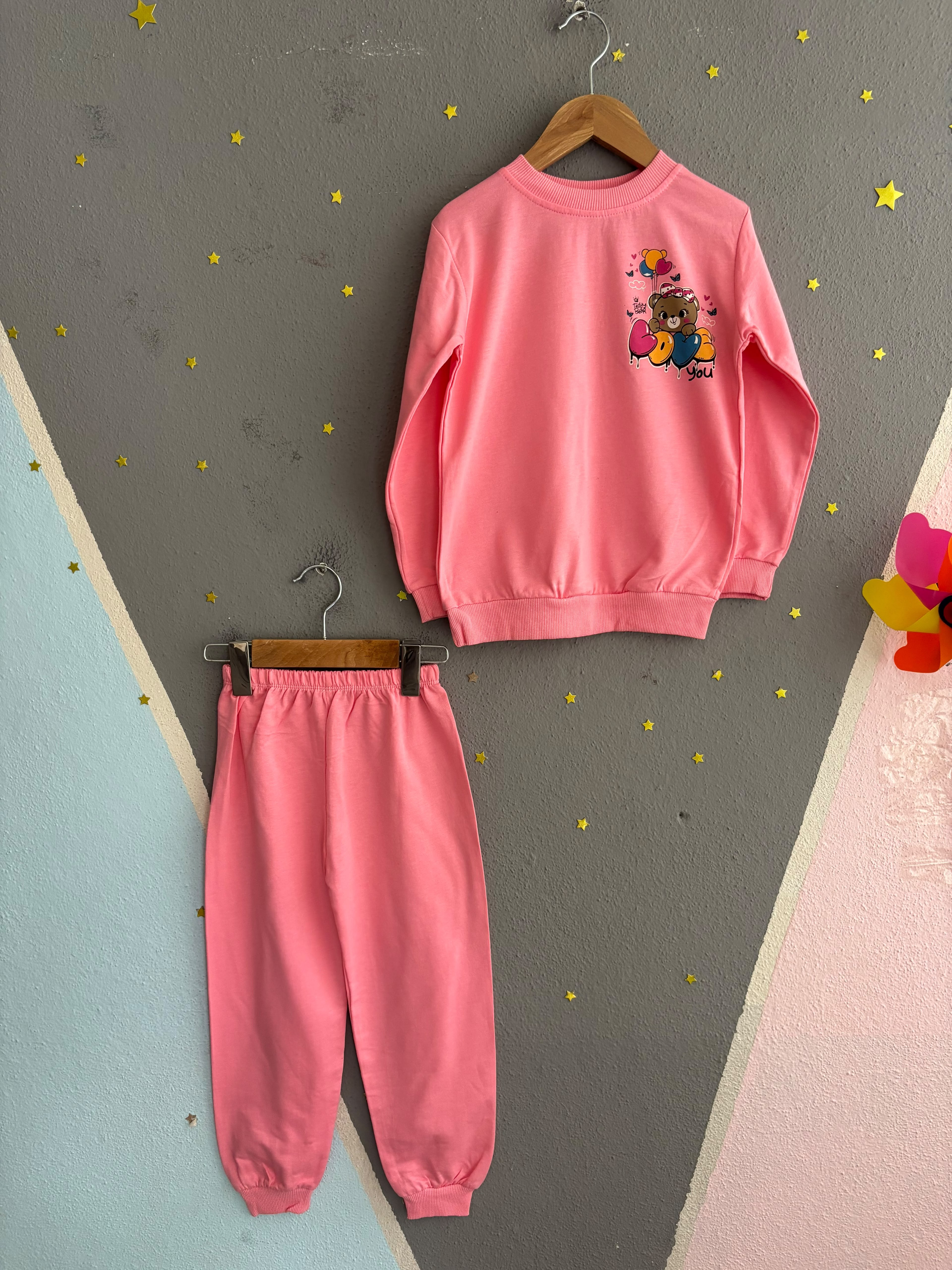 2146 - Ayıcık Baskılı Kız Çocuk Takımı - Pembe