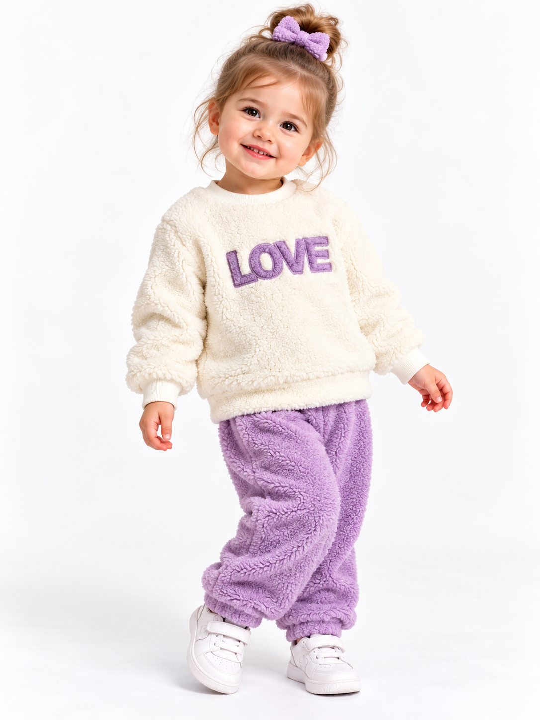2153 - Love Baskılı Peluş Kumaş Kız Bebek Takımı - Lila