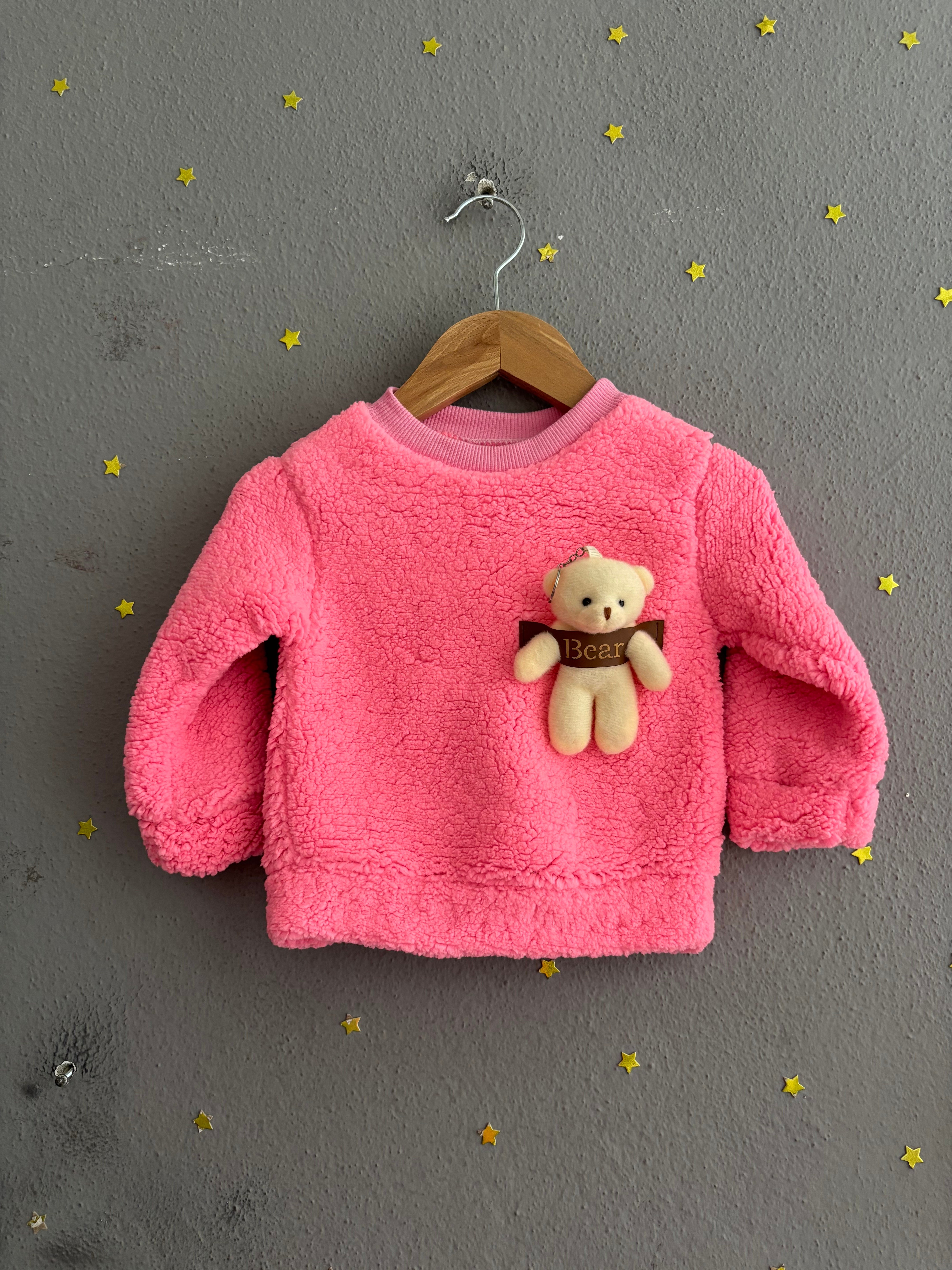 2154 - Ayıcık Aksesuralı Peluş Kumaş Kız Bebek Takımı - Pembe