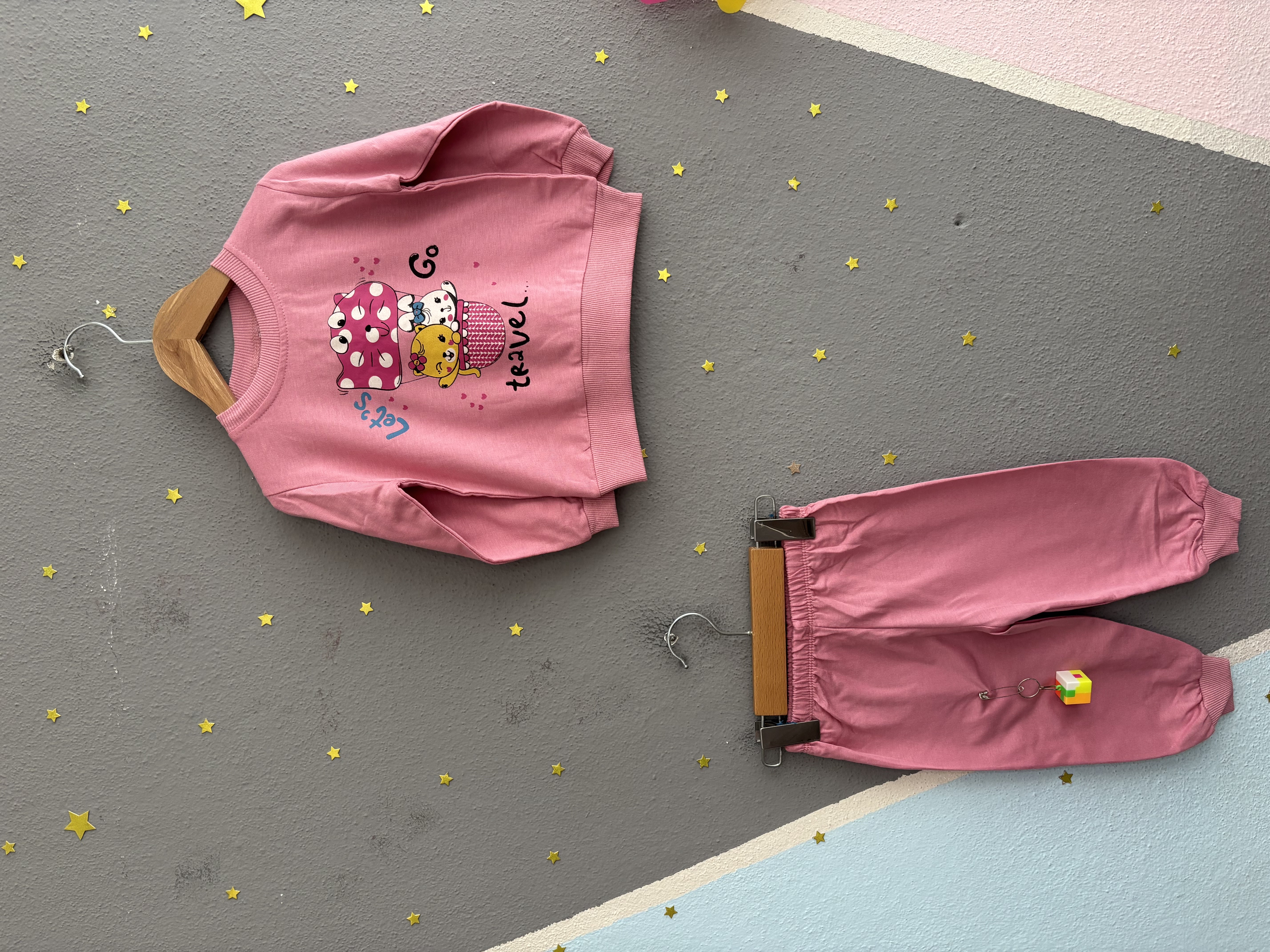 2160 - Kedi Baskılı Aksesuarlı Kız Çocuk Takımı - Gül Kurusu