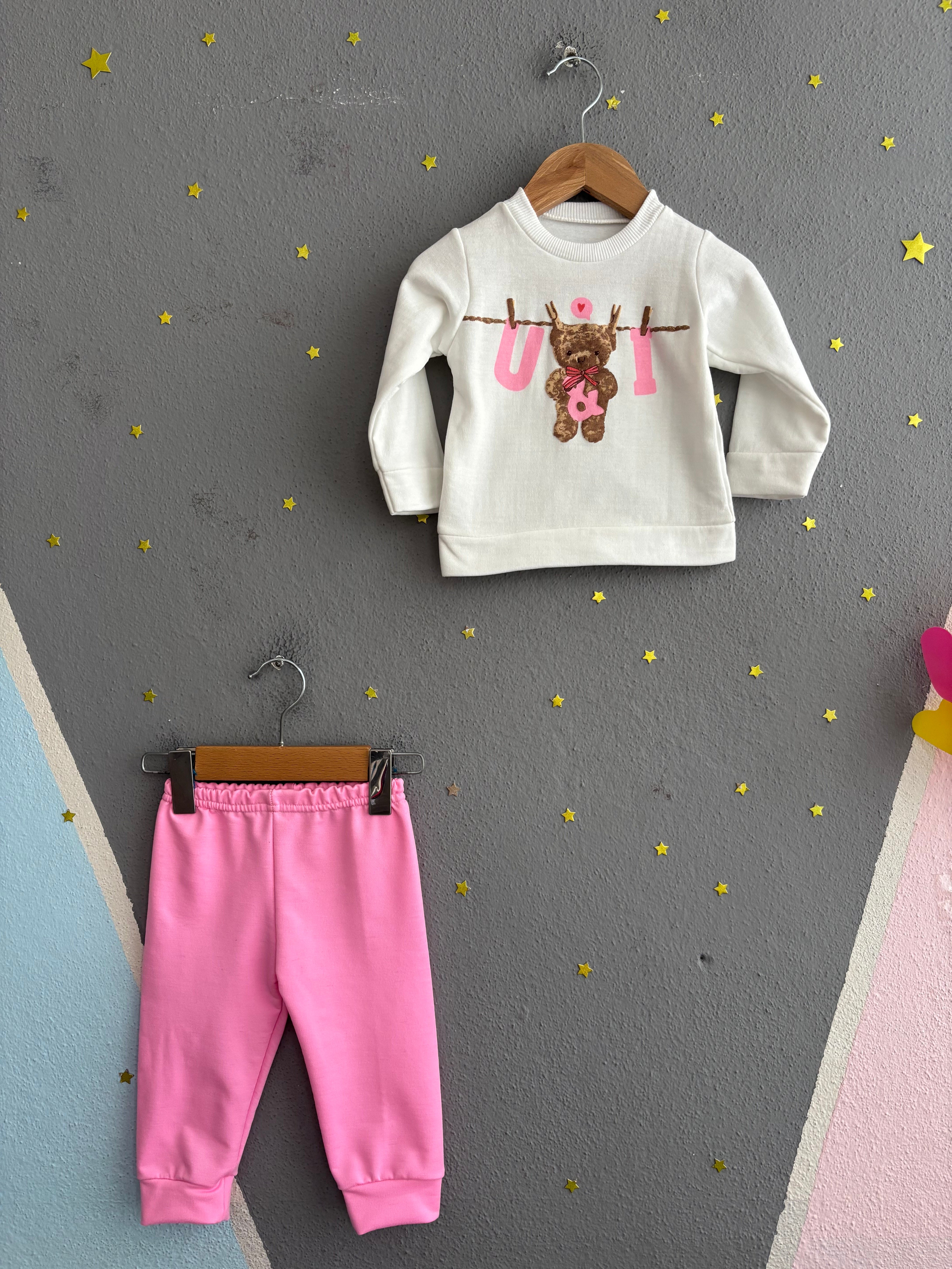 2162 - Ayıcık Baskılı Kız Bebek Takımı - Pembe