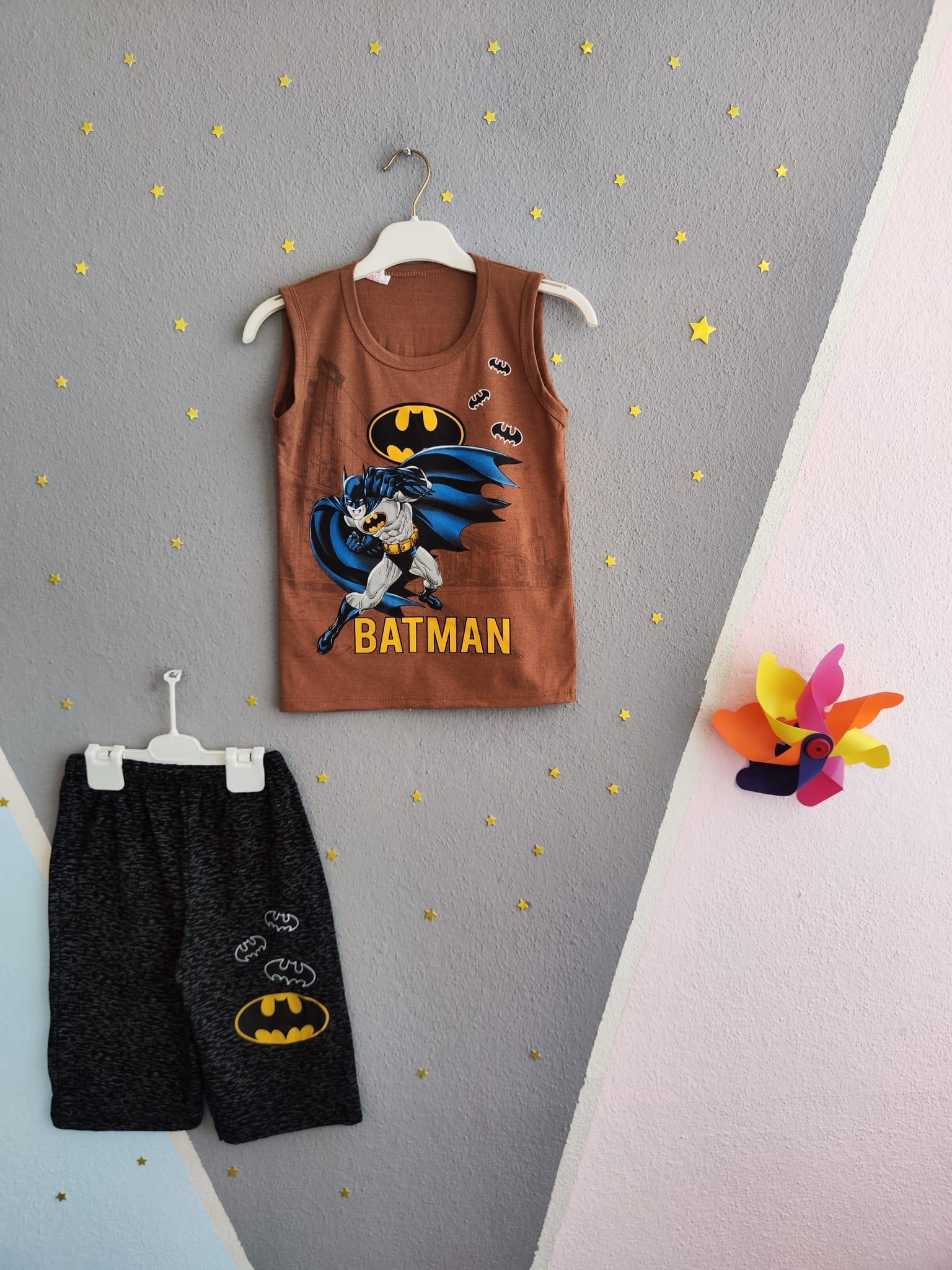1466 - Batman Baskılı Sıfır Kollu Erkek Takım- Kahve