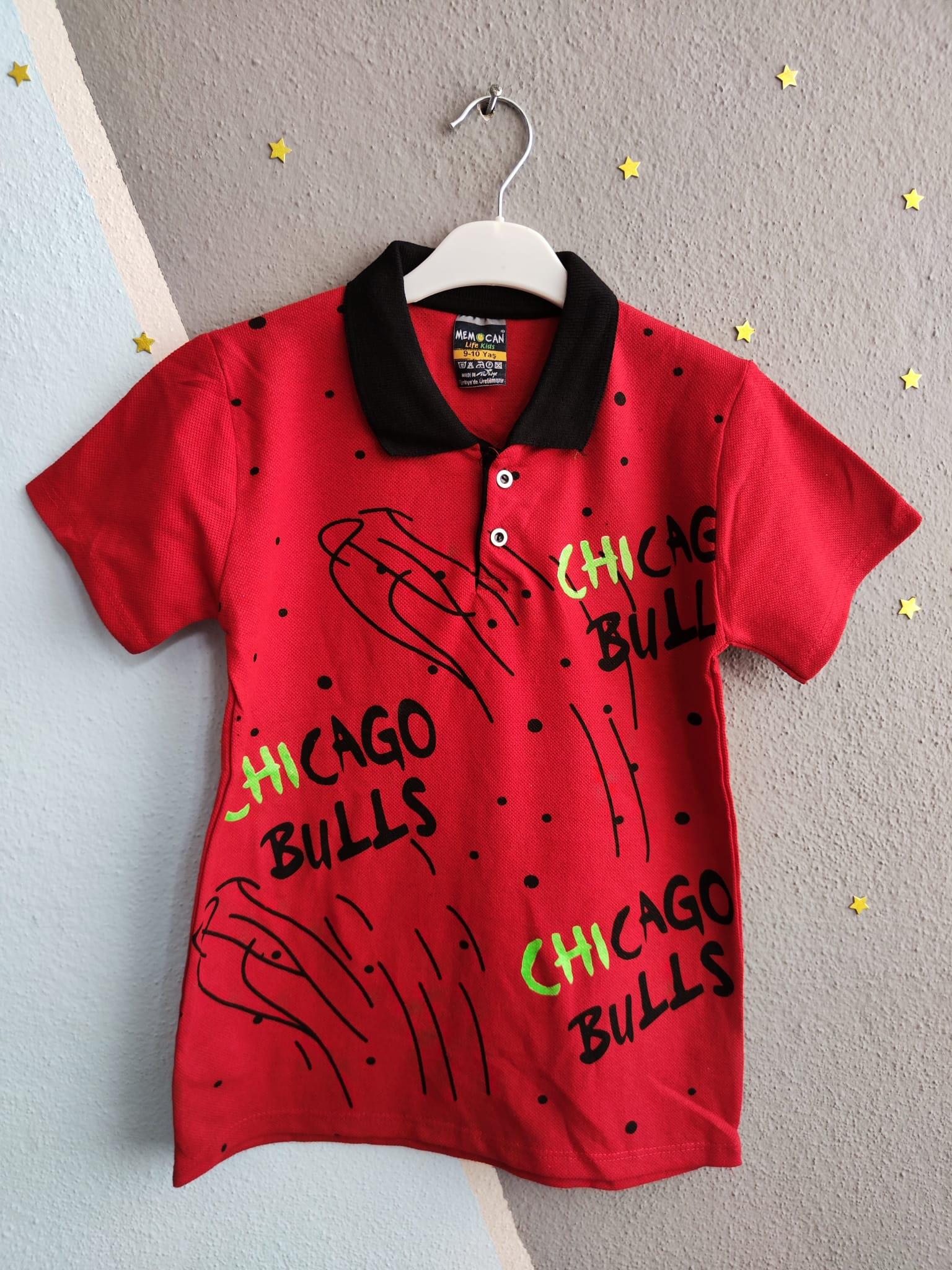 Chicago Bulls Baskılı Yakalı Erkek Çocuk Tshirt - Kırmızı