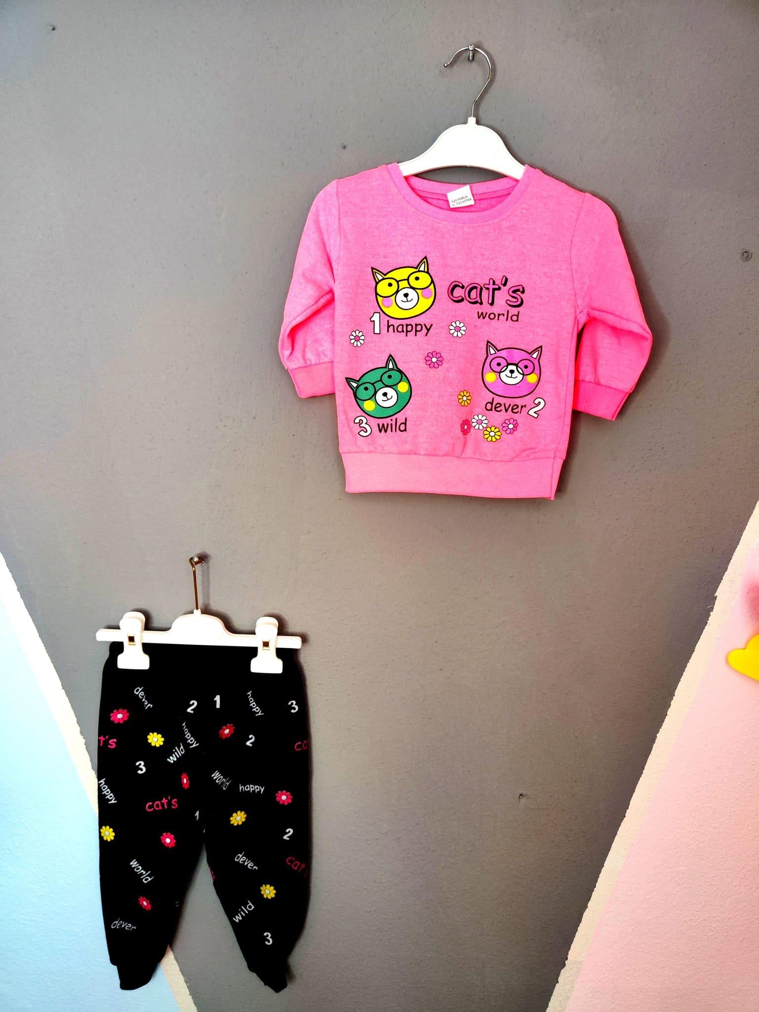 Happy Cats Baskılı Kız Çocuk Takımı - Neon Pembe