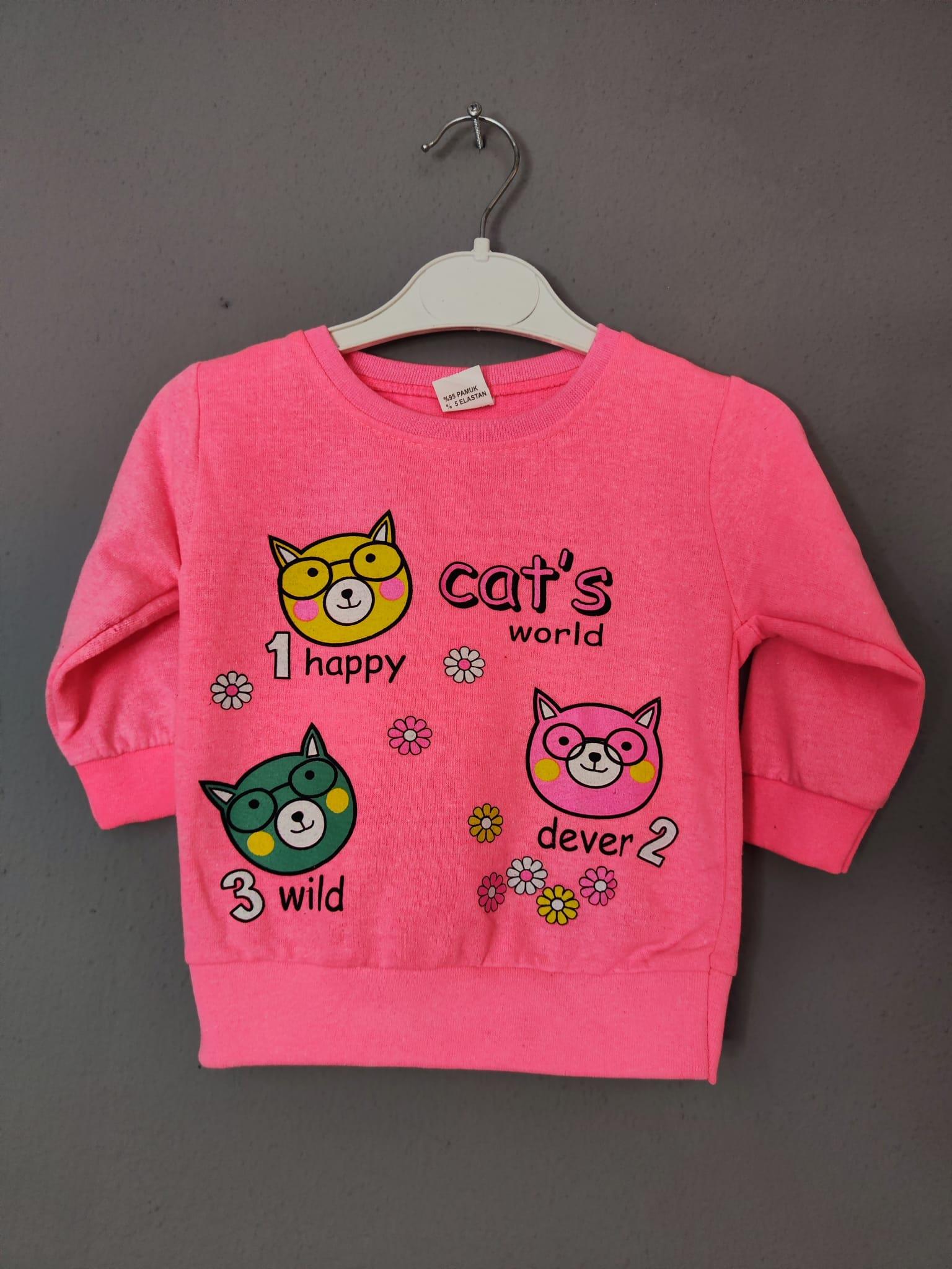 Happy Cats Baskılı Kız Çocuk Takımı - Neon Pembe