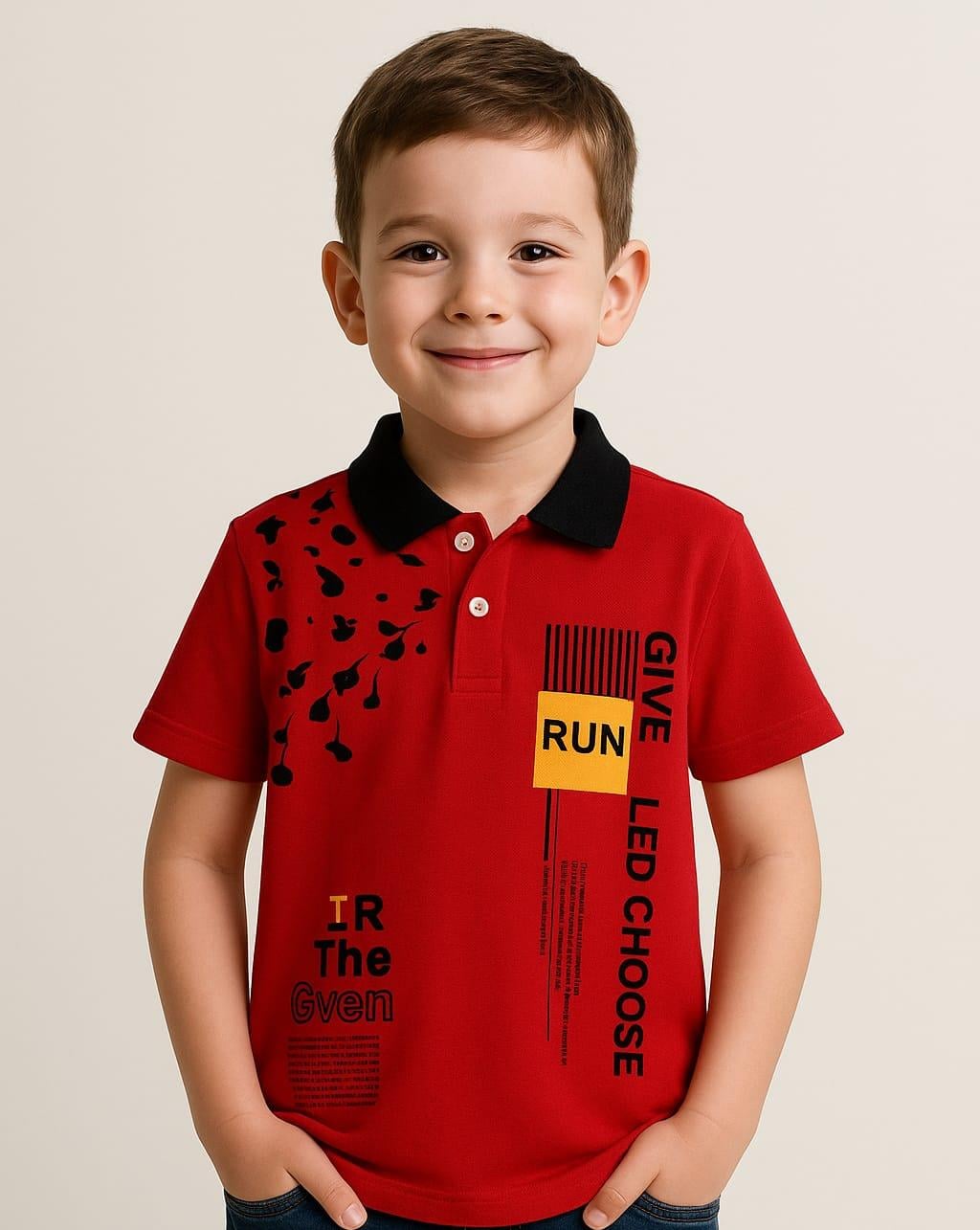 Run Baskılı Yakalı Erkek Çocuk Tshirt - Kırmızı