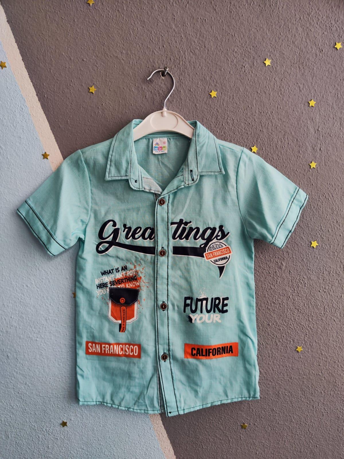 San Francisco Baskılı Gömlekli Kot Şortlu Erkek Takım- Turkuaz