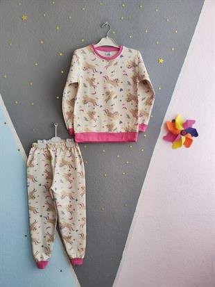 1210 - Unicorn Desenli Kız Takım - Krem