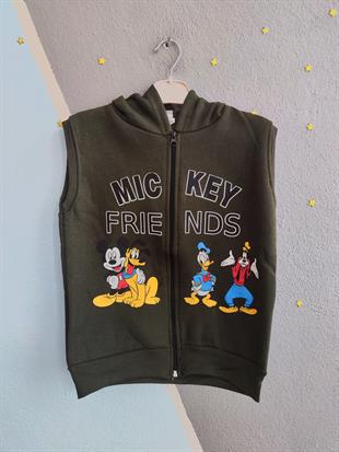 1242 - Mickey  Friends Baskılı Kapüşonlu Erkek Yelek - Haki