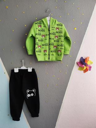 1283 - Boss Bear Baskılı Üç ip Üçlü Erkek Takımı - Yeşil