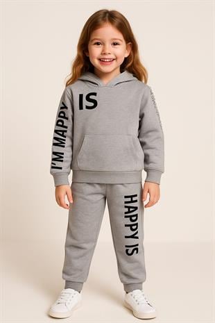 1375 - Happy Baskılı Kapüşonlu Kız Takım - Gri