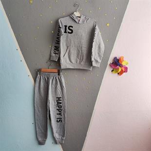 1375 - Happy Baskılı Kapüşonlu Kız Takım - Gri