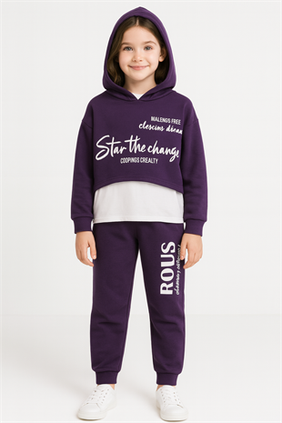 1384 - Yazılı Kapüşonlu Üçlü Kız Takım - Mor