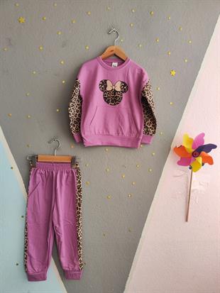 1393 -leopar desen minnie baskılı kız çocuk takımı - Lila