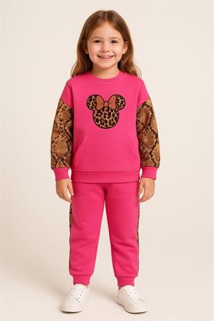 1393 -leopar desen minnie baskılı kız çocuk takımı - pembe 