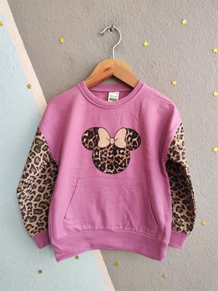 1393 -leopar desen minnie baskılı kız çocuk takımı - Lila