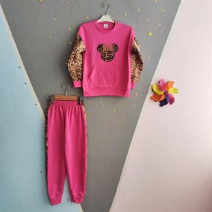 1393 -leopar desen minnie baskılı kız çocuk takımı - pembe 