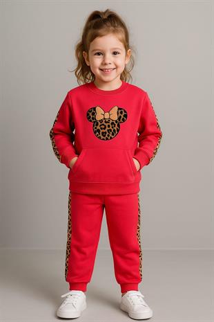 1393 -leopar desen minnie baskılı kız çocuk takımı -nar çiçeği