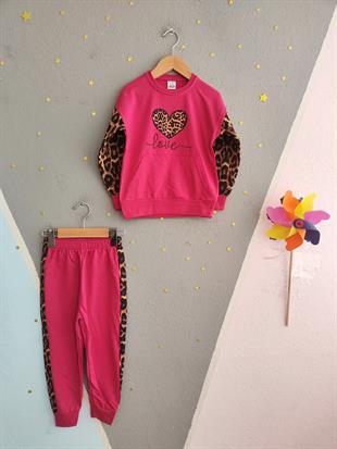 1394 -love baskılı leopar desen kız çocuk takımı - Fuşya