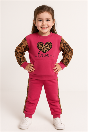 1394 -love baskılı leopar desen kız çocuk takımı - Fuşya