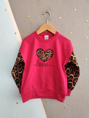 1394 -love baskılı leopar desen kız çocuk takımı - Fuşya