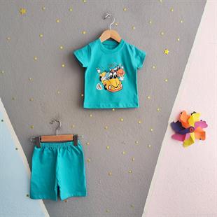 1436 - Araba Baskılı Yazlık Erkek Çocuk Takım -  Yeşil