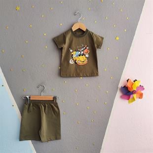 1436 - Araba Baskılı Yazlık Erkek Çocuk Takım -  haki