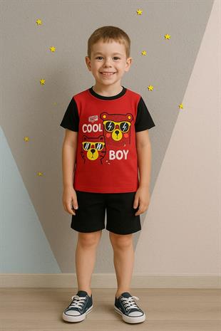 1458 - Cool Boy Baskılı Yazlık Erkek Takım - Kırmızı