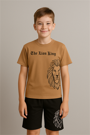 1464 - The Lion King Yazılı Yazlık Erkek Takım - Kahve