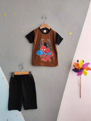 1465 - Örümcek Adam Baskılı Yazlık Erkek Takım - Kahve