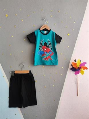 1465 - Örümcek Adam Baskılı Yazlık Erkek Takım - Turkuaz