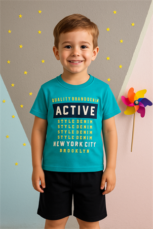 1472 - Active Baskılı Yazlık Erkek Çocuk Takımı - Turkuaz