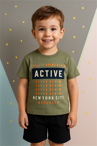 1472 - Active Baskılı Yazlık Erkek Çocuk Takımı - Mint Yeşili