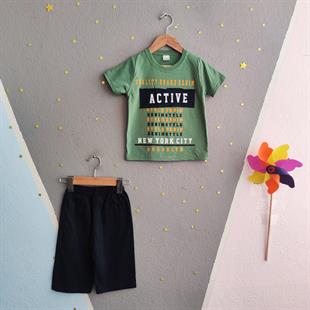 1472 - Active Baskılı Yazlık Erkek Çocuk Takımı - Yeşil