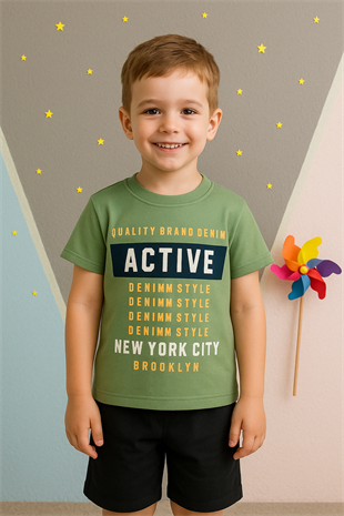 1472 - Active Baskılı Yazlık Erkek Çocuk Takımı - Yeşil