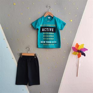 1472 - Active Baskılı Yazlık Erkek Çocuk Takımı - Turkuaz