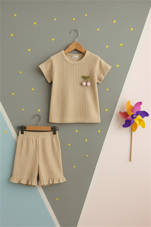 1481 - Kirazlı Şortlu Kız Çocuk Takımı - Bej