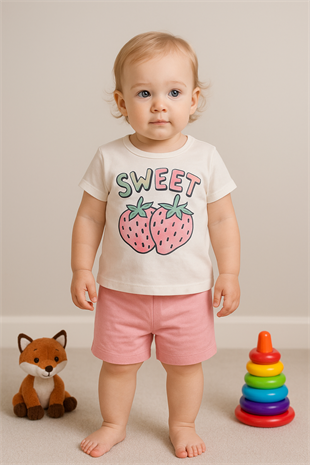 1484 - Çilek Baskılı Aylık Kız Çocuk Takım - Toz Pembe