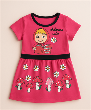 1493 - Karakter Baskılı Kız Elbise - Fuşya