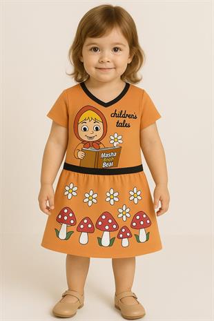 1493 - Karakter Baskılı Kız Elbise - Turuncu