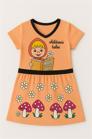 1493 - Karakter Baskılı Kız Elbise - Turuncu