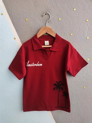 1498 - Palmiye Baskılı Yakalı Erkek Takım - Bordo