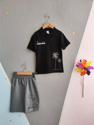 1498 - Palmiye Baskılı Yakalı Erkek Takım - Siyah