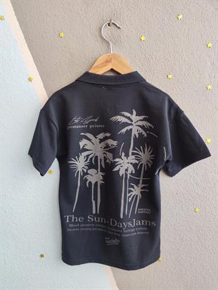 1498 - Palmiye Baskılı Yakalı Erkek Takım - Lacivert