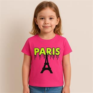 1499 - Paris Baskılı Kız T-Shirt - Fuşya