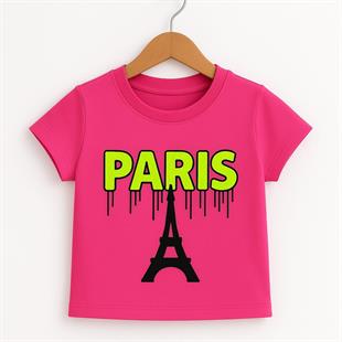 1499 - Paris Baskılı Kız T-Shirt - Fuşya