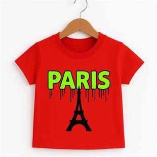 1499 - Paris Baskılı Kız T-Shirt - Kırmızı